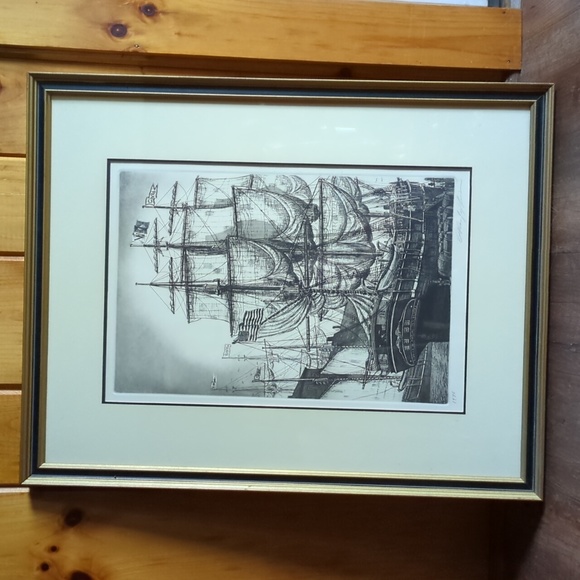 Vintage 1976 Signed Alan Jay Gaines Etching Ship Framed Art 21 6/8" x 27 2/8" - Picture 2 of 9